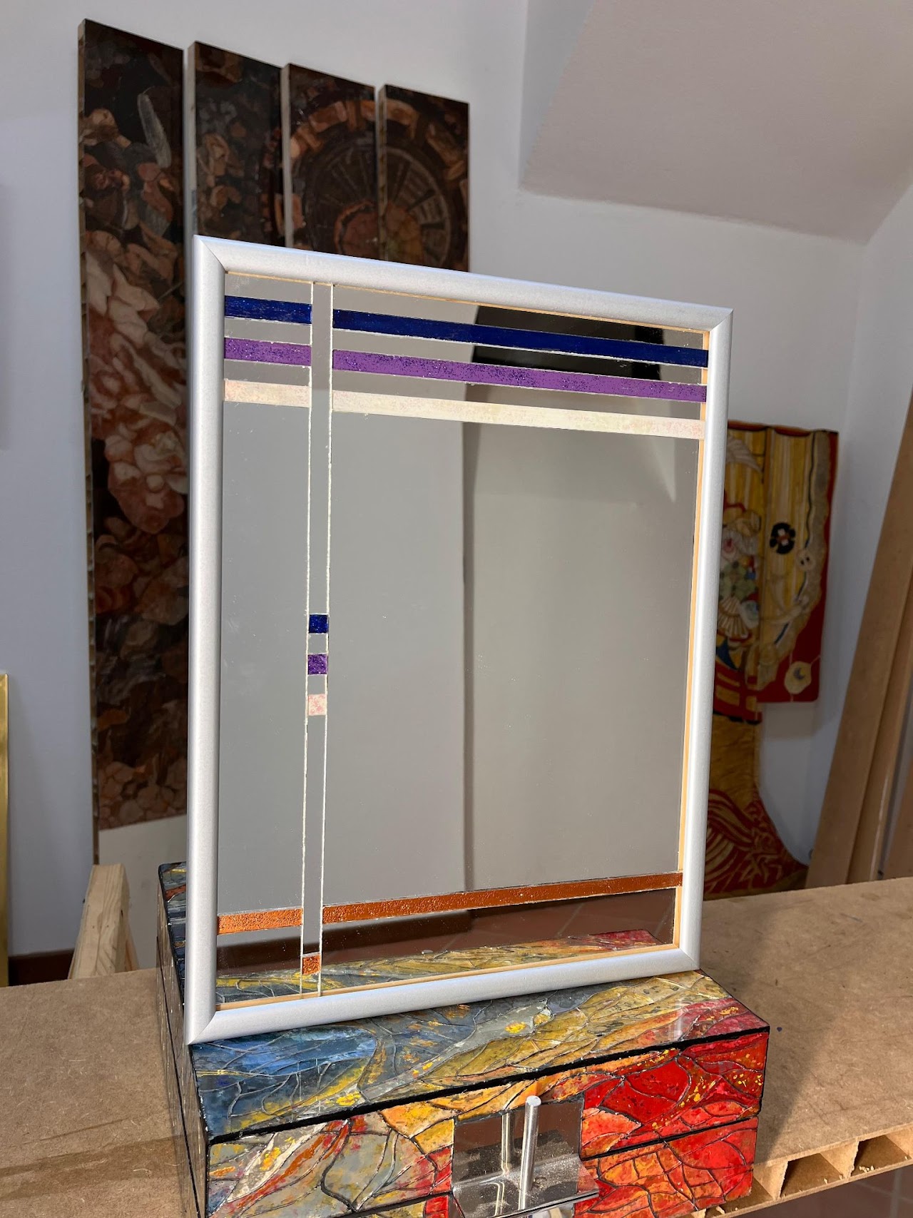 Miroir bleu et or — Marqueterie de verre Norbert Alali Artiste
